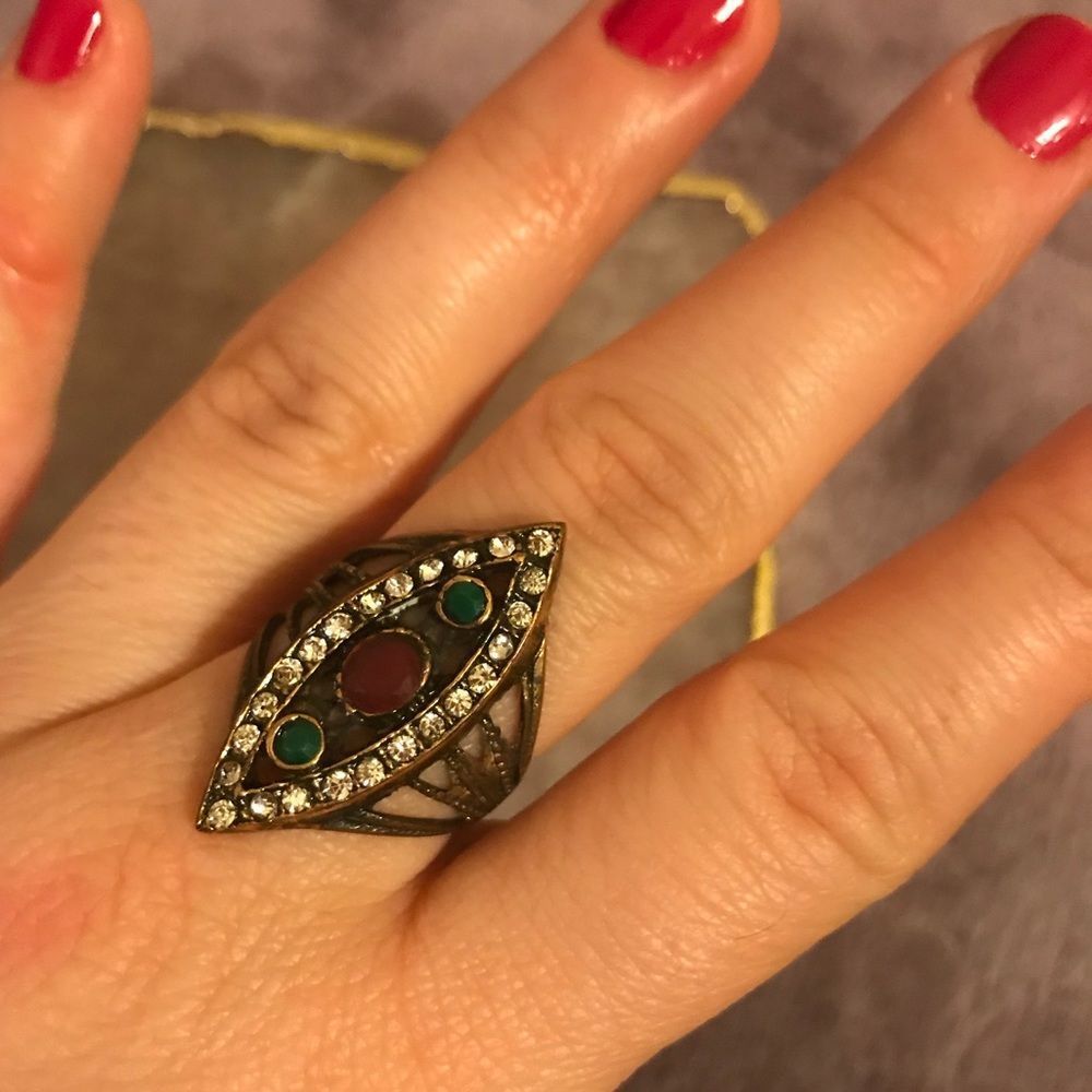 Bronze Ring With Red and Green Gemstones